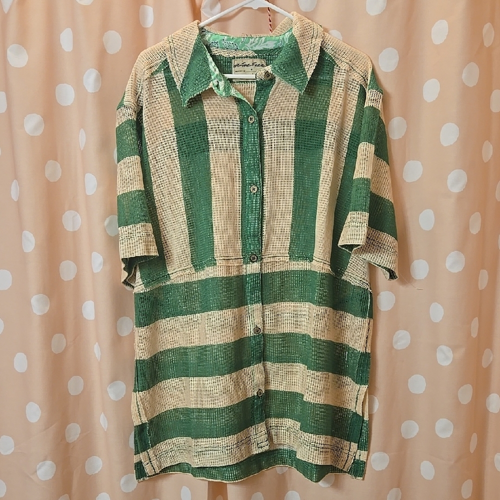 We The Free Striped Green and Cream Button-Up Tunic